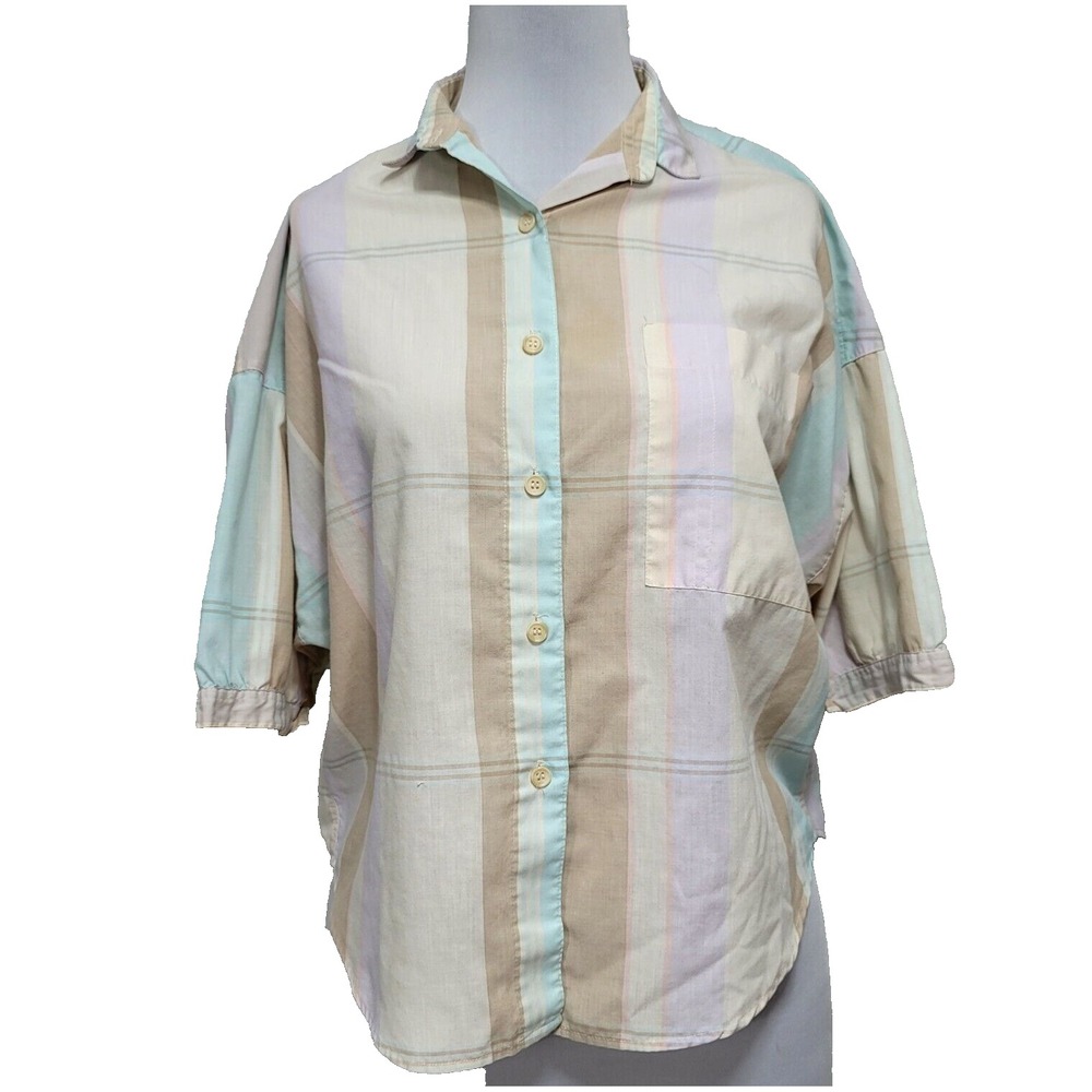 Vintage 80s 90s Hunters Glen M Pastel Windowpane Plaid Lightweight Popover Shirt